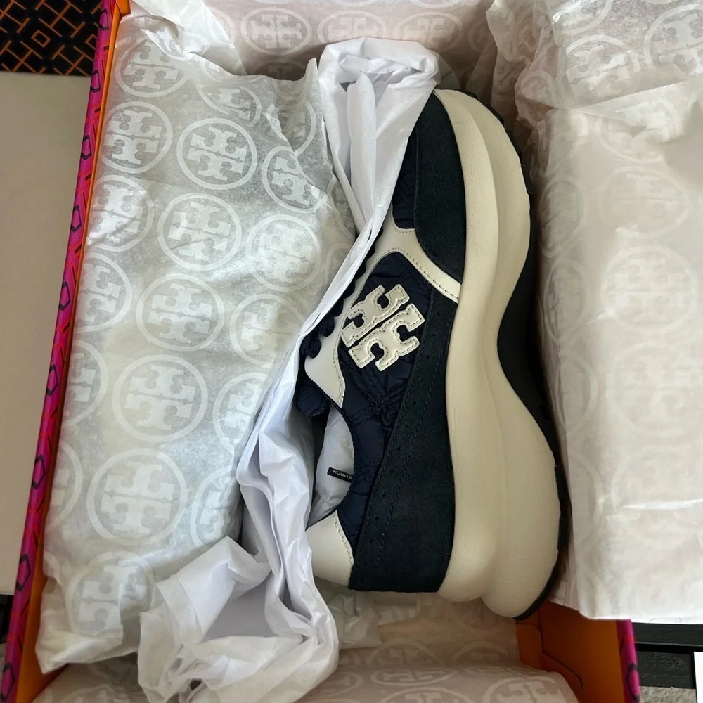 Tory Burch Kick Trainer Sneaker Size 6 Tory Navy White Blue Satin